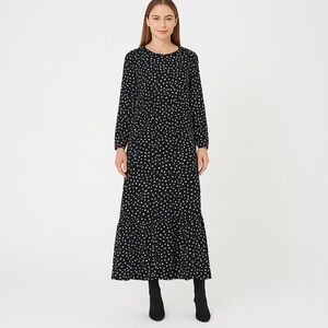 MPC Black White Polka Dot Midi Dress Women’s M Long Sleeve Tiered Ruffle Hem
